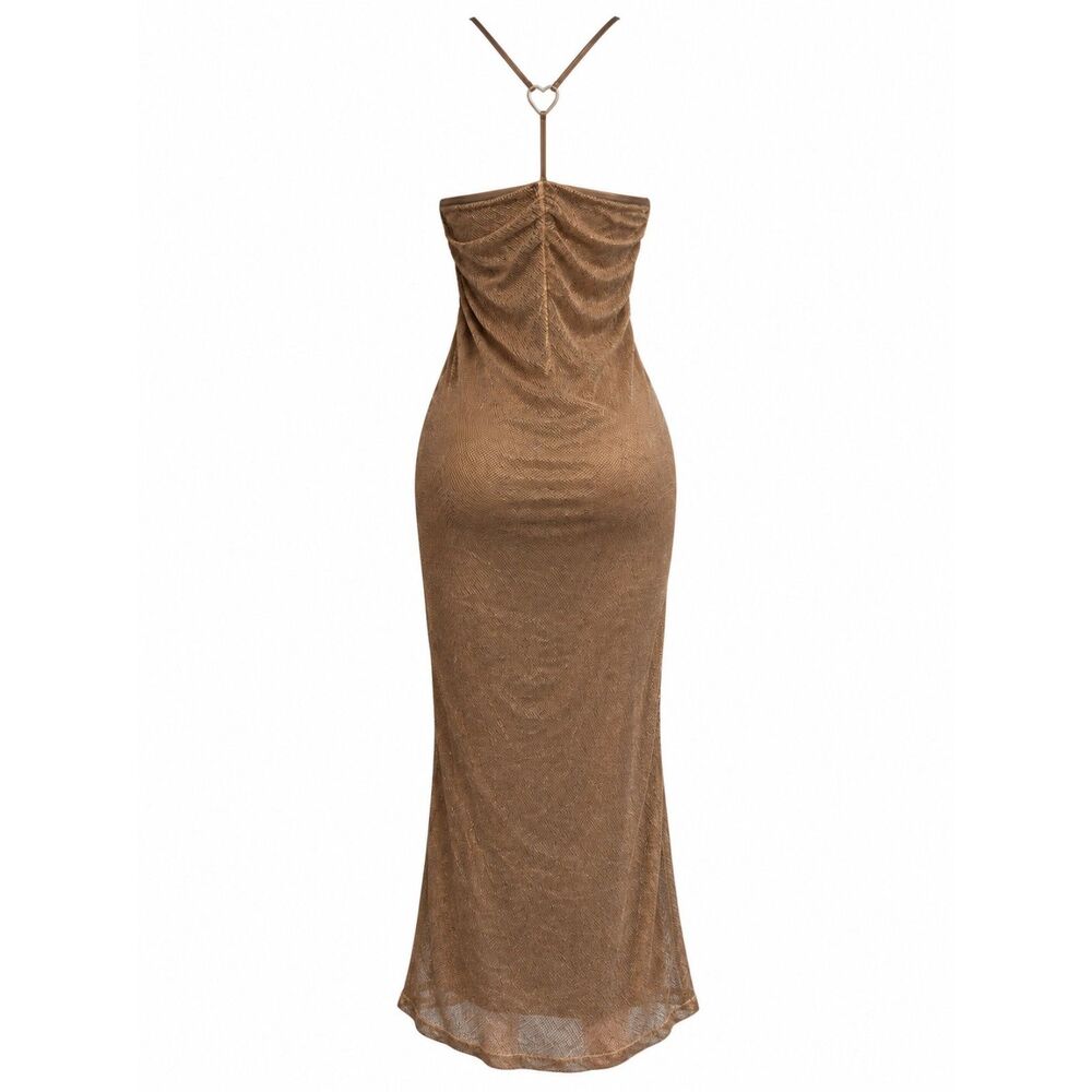 Tiger Mist Bronze Taupe Metallic Mesh Midi Dress Heart Back Y2K Size M